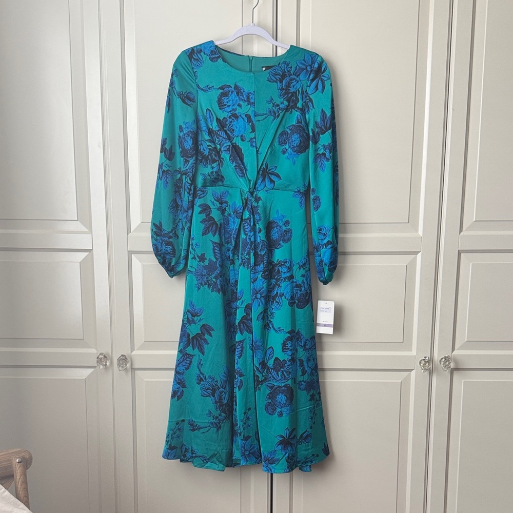 Maison Tara Teal Floral Long Sleeve Midi Dress with Navy Print